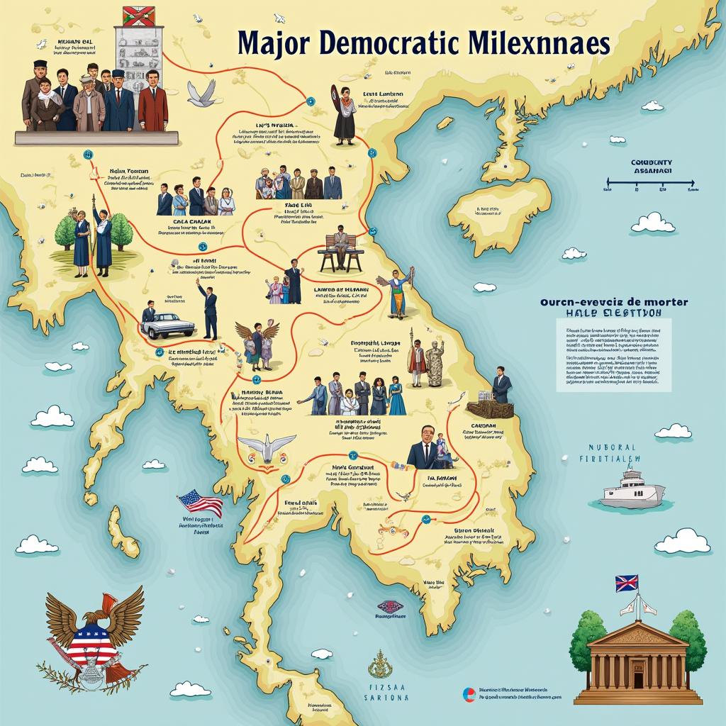 A detailed illustration of a historical map showcasing major democratic milestones, featuring key events such as the lifting of martial law and the first presidential election