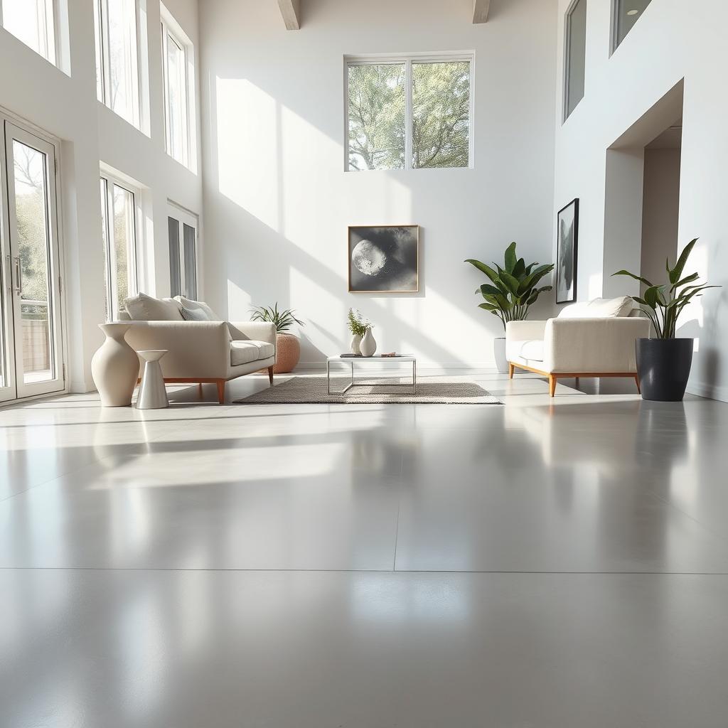An aesthetically pleasing interior scene featuring polished cement flooring, showcasing its smooth, reflective surface