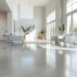 An aesthetically pleasing interior scene featuring polished cement flooring, showcasing its smooth, reflective surface