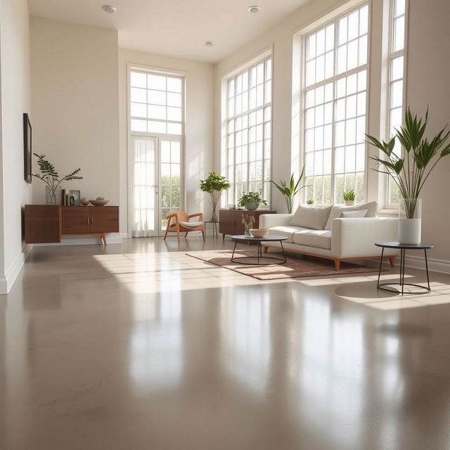An aesthetically pleasing interior scene featuring polished cement flooring, showcasing its smooth, reflective surface