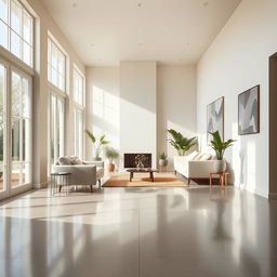 An aesthetically pleasing interior scene featuring polished cement flooring, showcasing its smooth, reflective surface