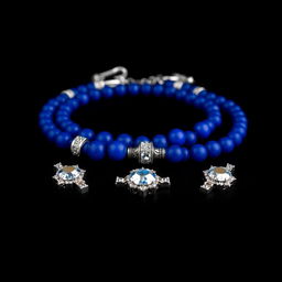 A stunning royal blue necklace elegantly displayed on a deep black background, showcasing intricate silver clasps and shimmering gemstones that reflect subtle light