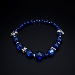 A stunning royal blue necklace elegantly displayed on a deep black background, showcasing intricate silver clasps and shimmering gemstones that reflect subtle light