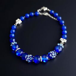 A stunning royal blue necklace elegantly displayed on a deep black background, showcasing intricate silver clasps and shimmering gemstones that reflect subtle light