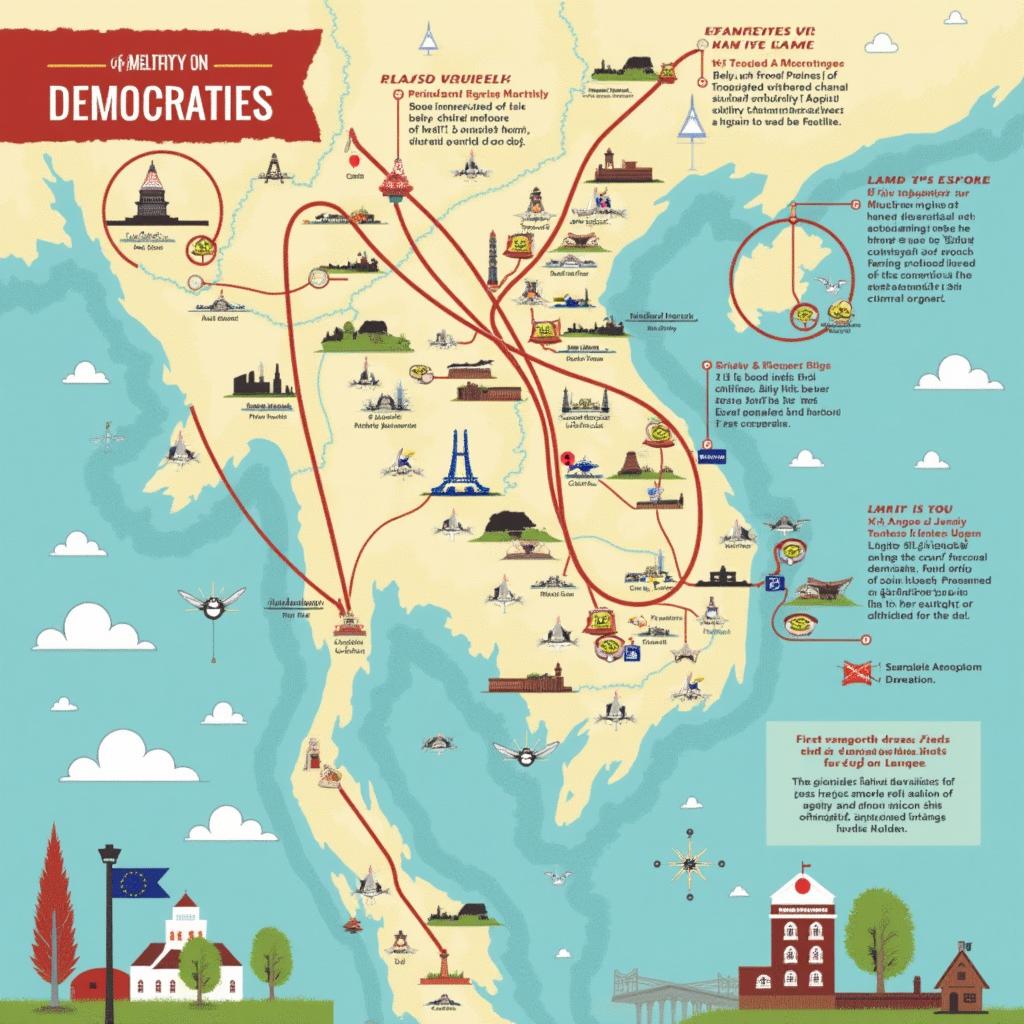 A detailed and vibrant illustration of a historical map highlighting major democratic milestones, including the lifting of martial law and the first presidential election