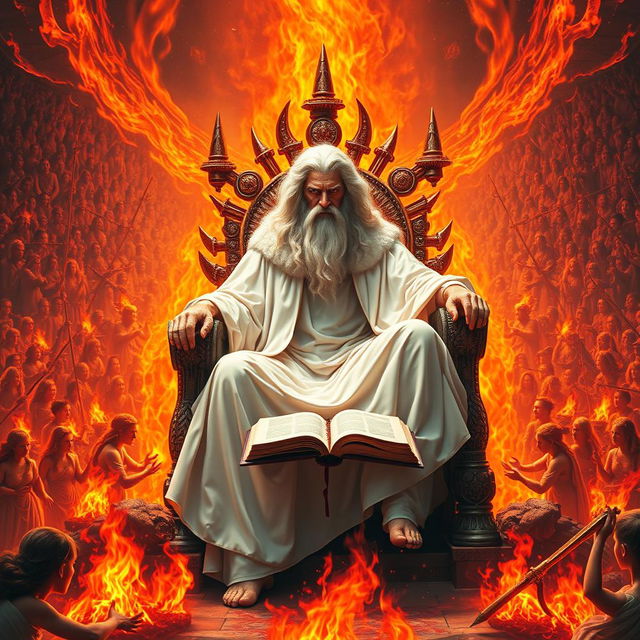 A majestic figure representing the Ancient of Days, seated upon a fiery throne, dressed in flowing white robes that gleam like snow