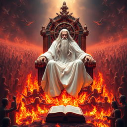 A majestic figure representing the Ancient of Days, seated upon a fiery throne, dressed in flowing white robes that gleam like snow