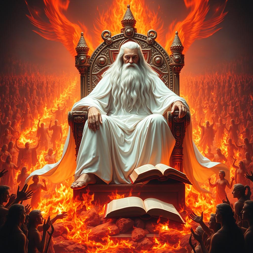 A majestic figure representing the Ancient of Days, seated upon a fiery throne, dressed in flowing white robes that gleam like snow