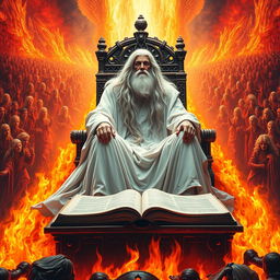 A majestic figure representing the Ancient of Days, seated upon a fiery throne, dressed in flowing white robes that gleam like snow