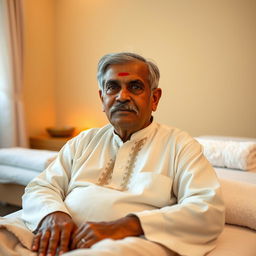 An Indian elderly man with a semi-fat build and a prominent moustache, dressed in a traditional white kurta, sitting comfortably on a massage table