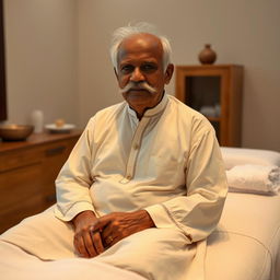 An Indian elderly man with a semi-fat build and a prominent moustache, dressed in a traditional white kurta, sitting comfortably on a massage table