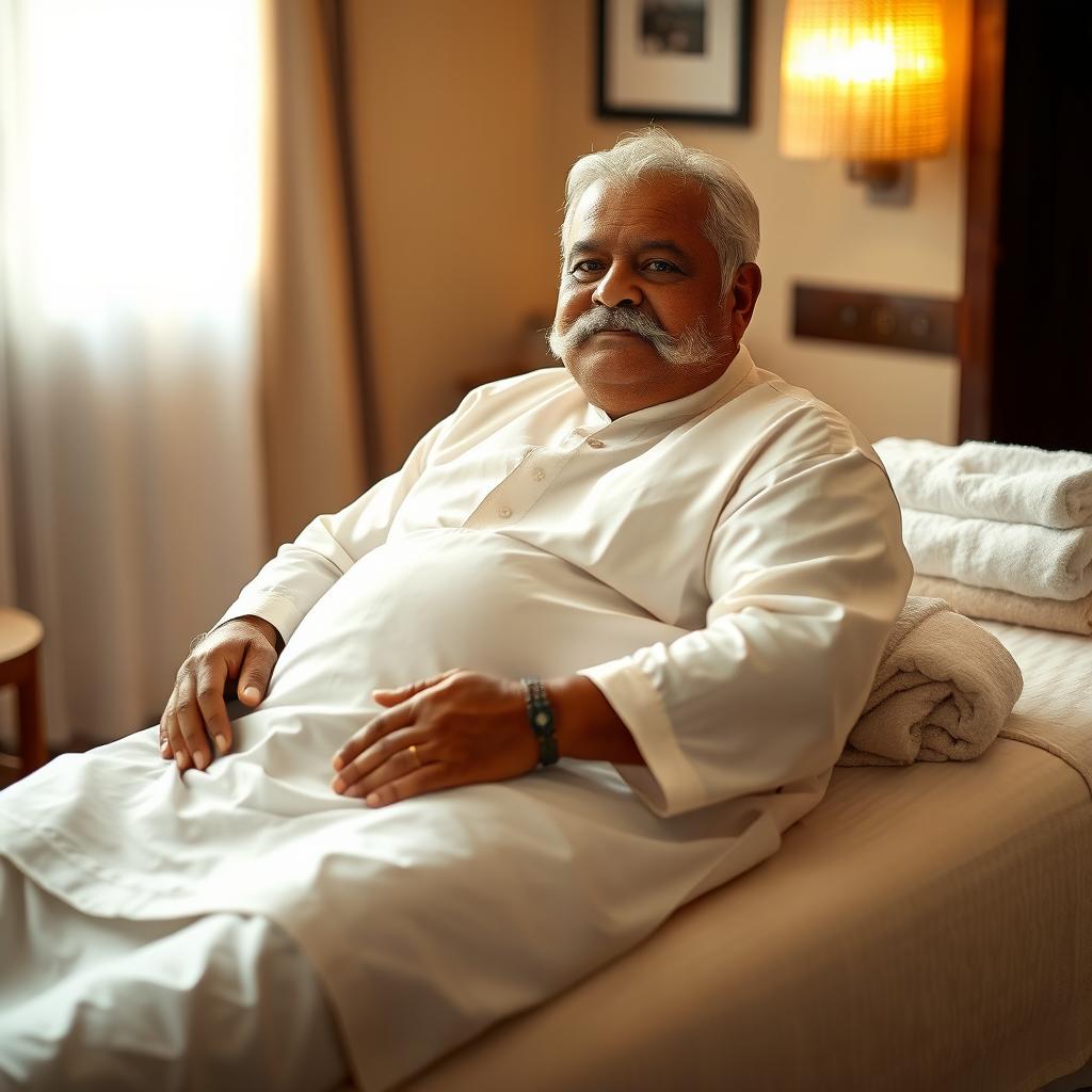 An Indian elderly man with a semi-fat build and a prominent moustache, dressed in a traditional white kurta, sitting comfortably on a massage table