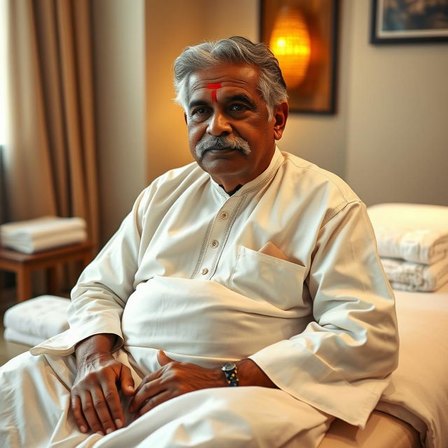 An Indian elderly man with a semi-fat build and a prominent moustache, dressed in a traditional white kurta, sitting comfortably on a massage table