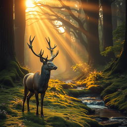 A mystical forest at dawn, with soft golden light streaming through the thick canopy of ancient trees