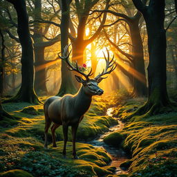 A mystical forest at dawn, with soft golden light streaming through the thick canopy of ancient trees