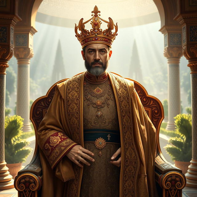 A majestic depiction of the King of Iran, wearing an ornate gold and jewel-encrusted crown, traditional Persian royal attire that features rich fabrics with intricate patterns, a regal cape flowing behind him