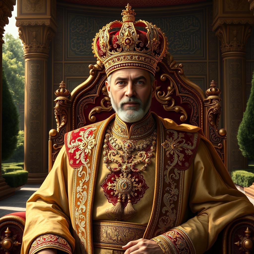 A majestic depiction of the King of Iran, wearing an ornate gold and jewel-encrusted crown, traditional Persian royal attire that features rich fabrics with intricate patterns, a regal cape flowing behind him