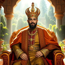 A majestic depiction of the King of Iran, wearing an ornate gold and jewel-encrusted crown, traditional Persian royal attire that features rich fabrics with intricate patterns, a regal cape flowing behind him