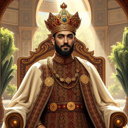 A majestic depiction of the King of Iran, wearing an ornate gold and jewel-encrusted crown, traditional Persian royal attire that features rich fabrics with intricate patterns, a regal cape flowing behind him