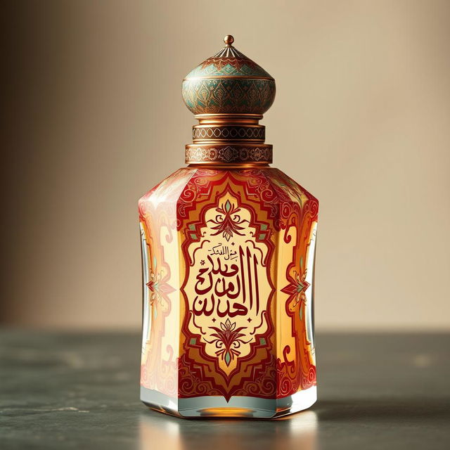 A beautifully designed perfume bottle that embodies the spirit of Arabic culture, featuring intricate patterns and motifs inspired by traditional architecture