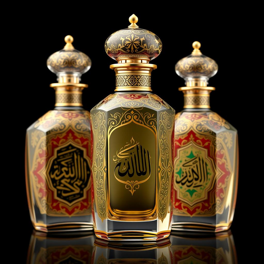 A beautifully designed perfume bottle that embodies the spirit of Arabic culture, featuring intricate patterns and motifs inspired by traditional architecture