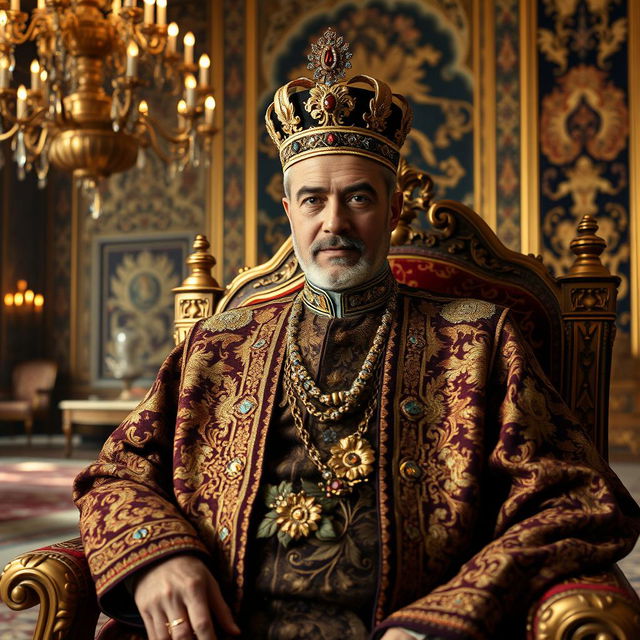 A majestic portrait of Shah Mohammad Reza Pahlavi of Iran, capturing him in traditional royal attire adorned with intricate patterns and elaborate embroidery