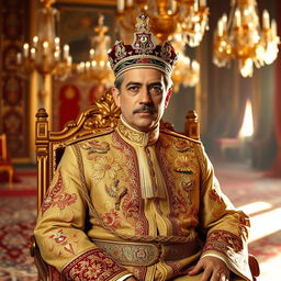A majestic portrait of Shah Mohammad Reza Pahlavi of Iran, capturing him in traditional royal attire adorned with intricate patterns and elaborate embroidery