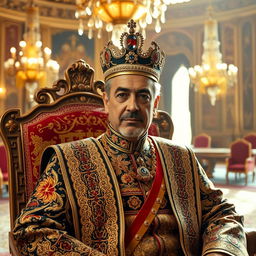 A majestic portrait of Shah Mohammad Reza Pahlavi of Iran, capturing him in traditional royal attire adorned with intricate patterns and elaborate embroidery