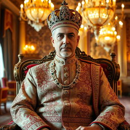 A majestic portrait of Shah Mohammad Reza Pahlavi of Iran, capturing him in traditional royal attire adorned with intricate patterns and elaborate embroidery