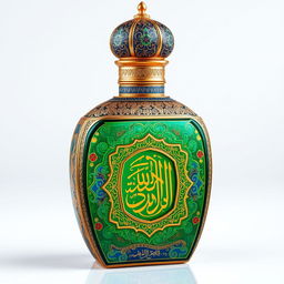 A beautifully crafted perfume bottle representing the Arabic spirit, adorned with intricate and traditional geometric patterns and calligraphy