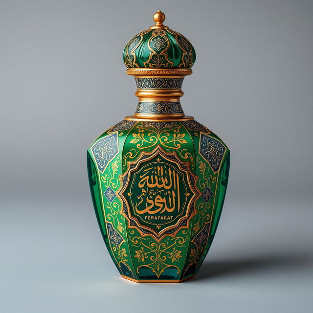 A beautifully crafted perfume bottle representing the Arabic spirit, adorned with intricate and traditional geometric patterns and calligraphy