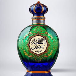 A beautifully crafted perfume bottle representing the Arabic spirit, adorned with intricate and traditional geometric patterns and calligraphy