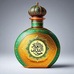 A beautifully crafted perfume bottle representing the Arabic spirit, adorned with intricate and traditional geometric patterns and calligraphy