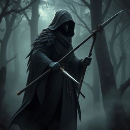 A dark Kenku samurai, cloaked in a flowing hooded robe, stands defiantly in a misty forest