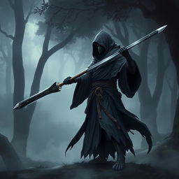 A dark Kenku samurai, cloaked in a flowing hooded robe, stands defiantly in a misty forest