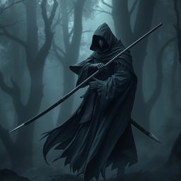 A dark Kenku samurai, cloaked in a flowing hooded robe, stands defiantly in a misty forest