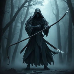 A dark Kenku samurai, cloaked in a flowing hooded robe, stands defiantly in a misty forest