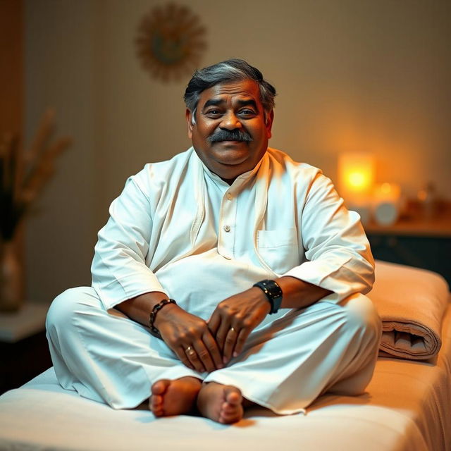 An Indian old man, semi-fat with a prominent black moustache, dressed in a white kurta, sitting comfortably on a massage table