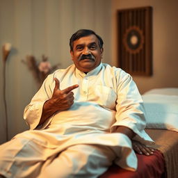 An Indian old man, semi-fat with a prominent black moustache, dressed in a white kurta, sitting comfortably on a massage table