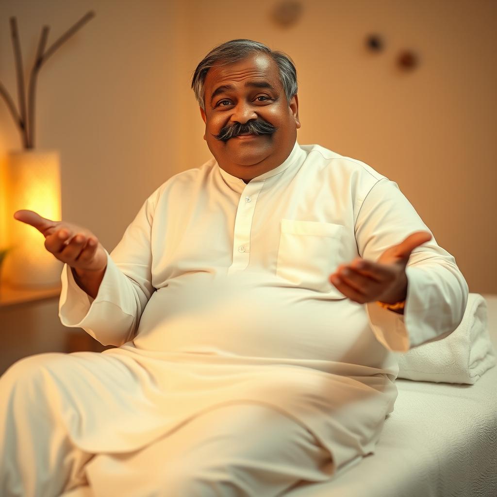 An Indian old man, semi-fat with a prominent black moustache, dressed in a white kurta, sitting comfortably on a massage table