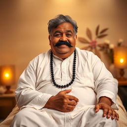 An Indian old man, semi-fat with a prominent black moustache, dressed in a white kurta, sitting comfortably on a massage table