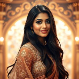 A captivating portrait of Ruhi Singh, an elegant young woman with long, dark hair and striking features