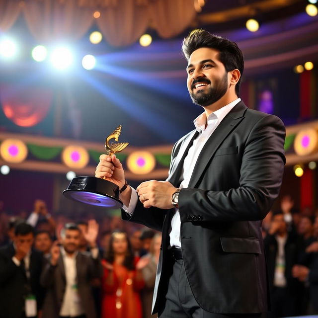 Aatif Nawaz standing on stage, holding a prestigious award proudly, surrounded by bright stage lights and a cheering audience