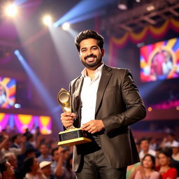 Aatif Nawaz standing on stage, holding a prestigious award proudly, surrounded by bright stage lights and a cheering audience