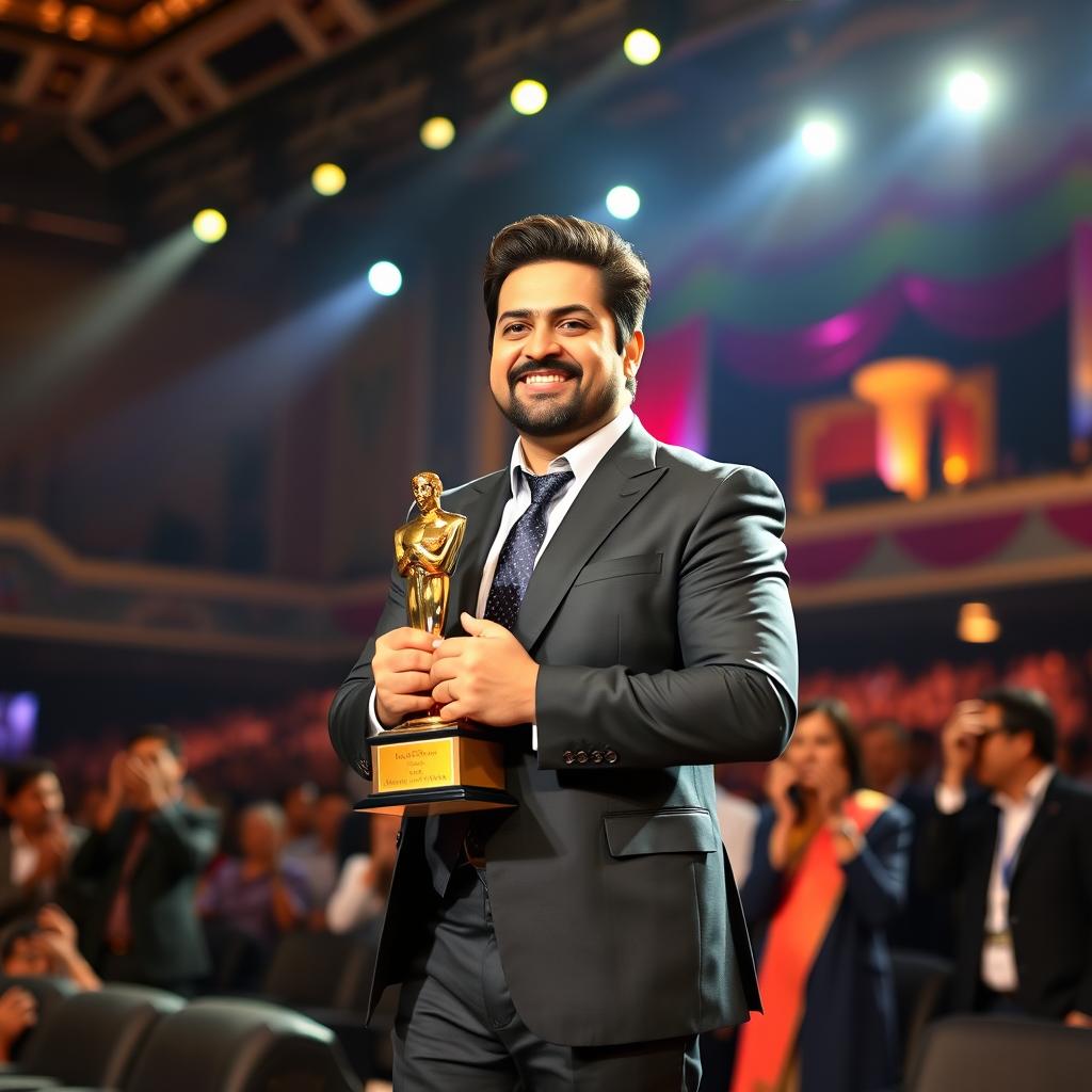 Aatif Nawaz standing on stage, holding a prestigious award proudly, surrounded by bright stage lights and a cheering audience