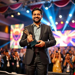 Aatif Nawaz standing on stage, holding a prestigious award proudly, surrounded by bright stage lights and a cheering audience