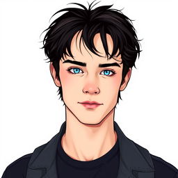 A tall, pale young man with striking features, vividly illustrated with shaggy black hair that falls effortlessly around his face