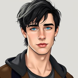 A tall, pale young man with striking features, vividly illustrated with shaggy black hair that falls effortlessly around his face