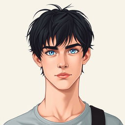 A tall, pale young man with striking features, vividly illustrated with shaggy black hair that falls effortlessly around his face