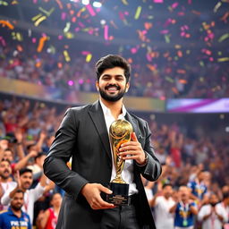 Aatif Nawaz standing proudly with a trophy in hand, smiling confidently, background filled with excited fans cheering in a vibrant stadium